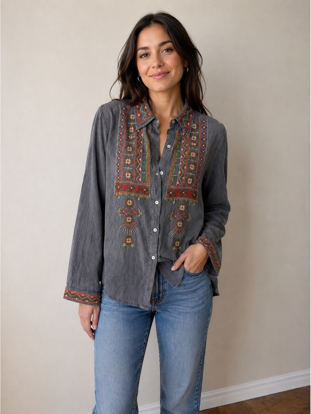 Scully Embroidered Boho Blouse 100% Viscose Blue Ethnic India Size Small EUC